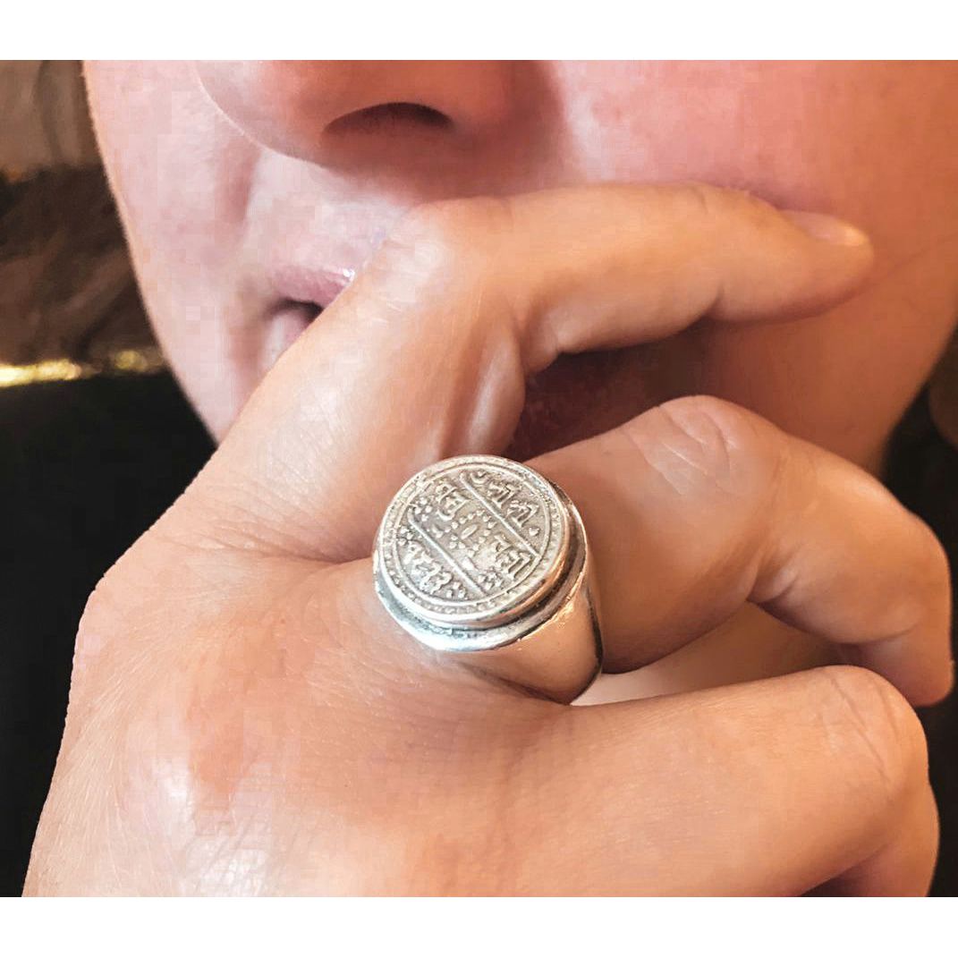 3. Indian Sanskrit Stamp Ring silver grey BRASS Workshop brsaa01