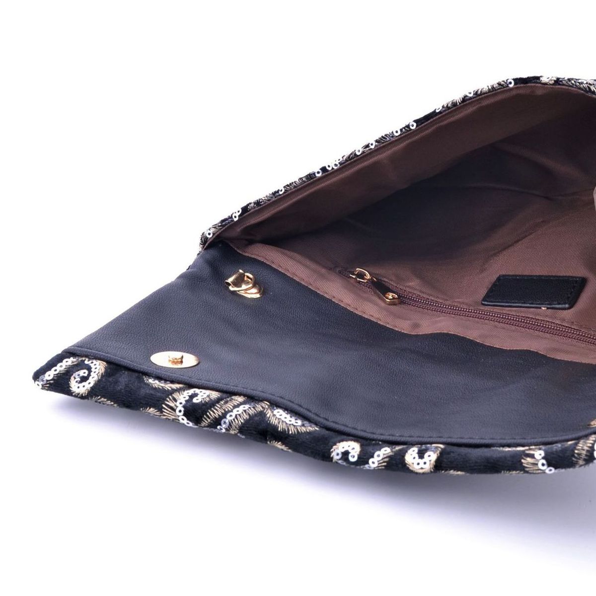 3. Black clutch bag with embroidery and removable chain Black BRASS Workshop 69100-2