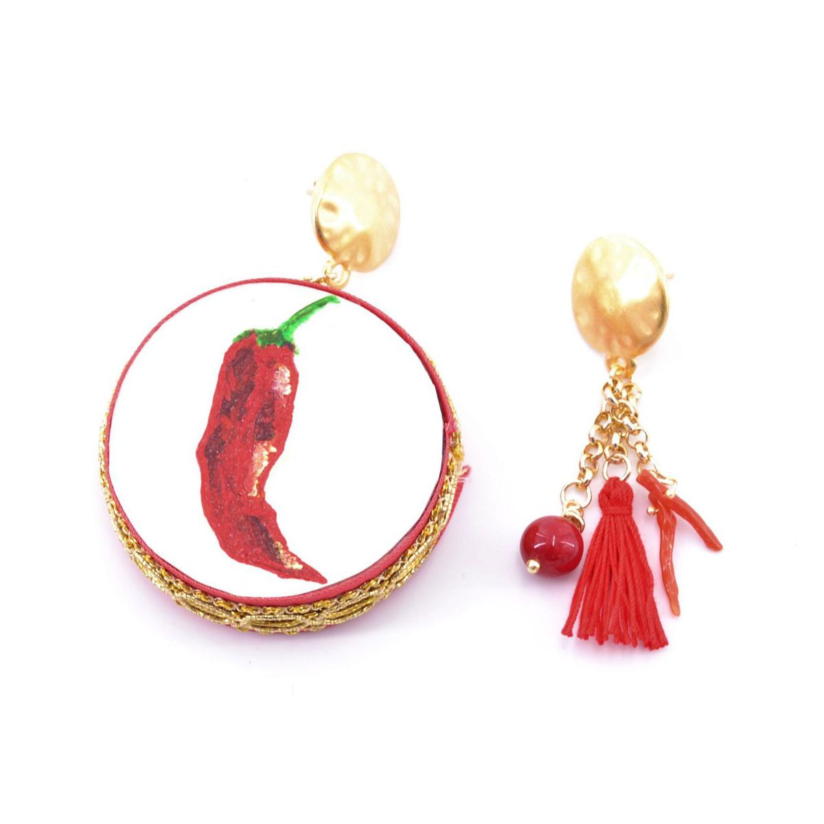 CERCHIO IN VETRO DI PEPERONCINO LAMPWORK IN ROSSO E VERDE ✿⊰⊹ piccoli orecchini rotondi a gancio con piccoli peperoncini fatti a mano