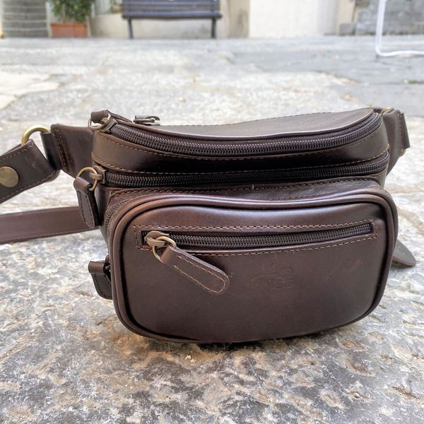 2. Handcrafted leather belt bag with external pocket dark brown BRASS Workshop mp01
