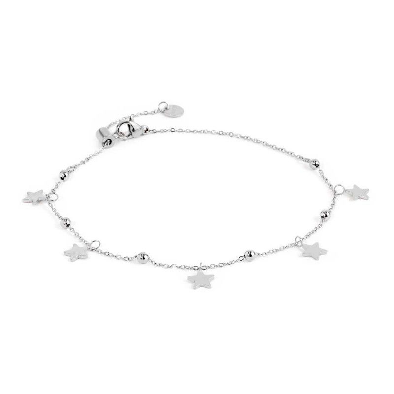 Cavigliera Catena Grumetta Diamantata con Stelle plain e Perlina Blu in ARGENTO 925 Galvanica