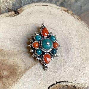 Coral and turquoise rhombus pendant turquoise/coral BRASS Workshop