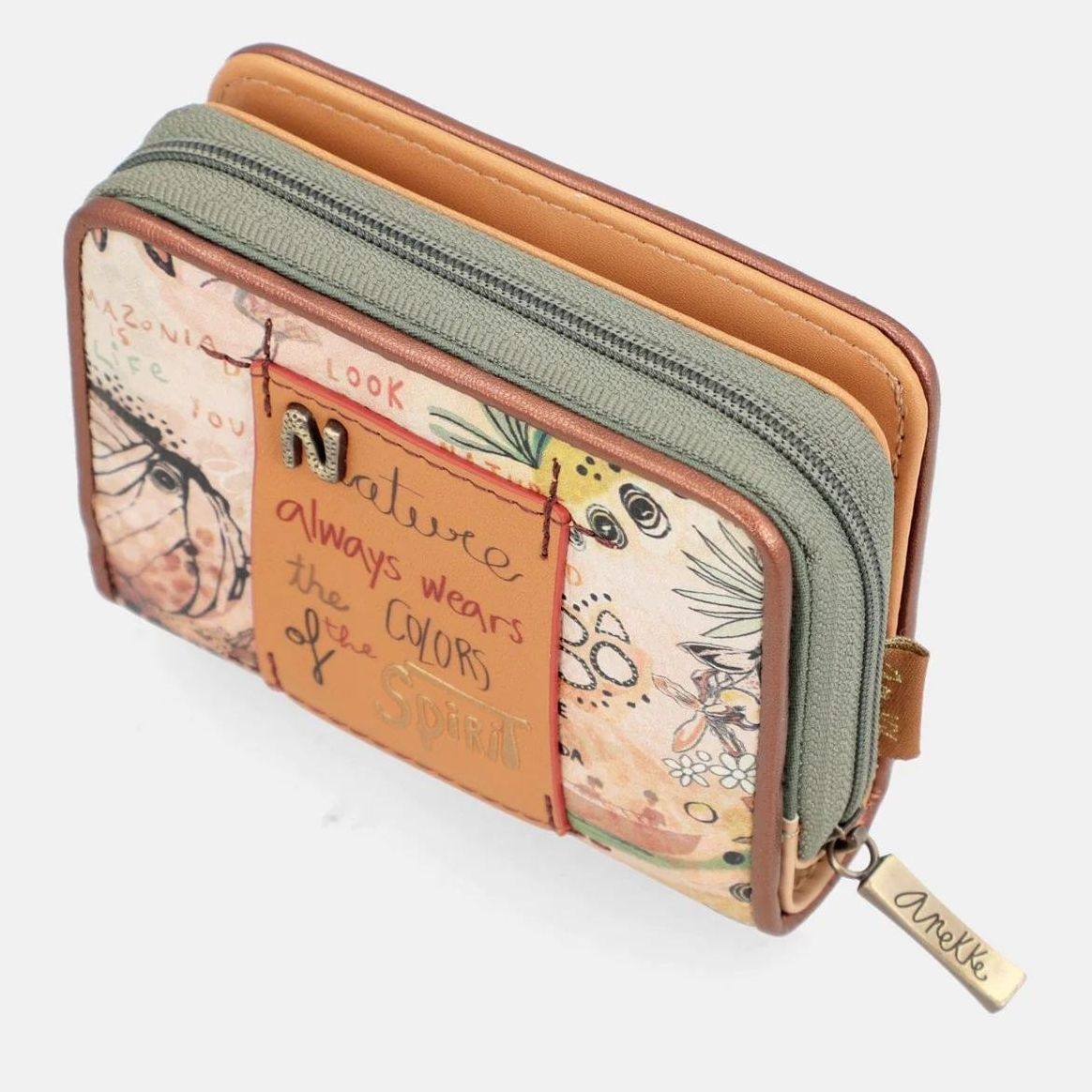 Portafoglio bi-fold in pelle marrone con ricamo Mending