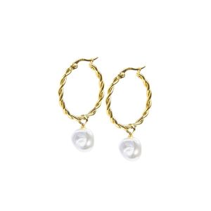 Orecchini cerchi ritorti con perla pendente oro Marlù Gioielli