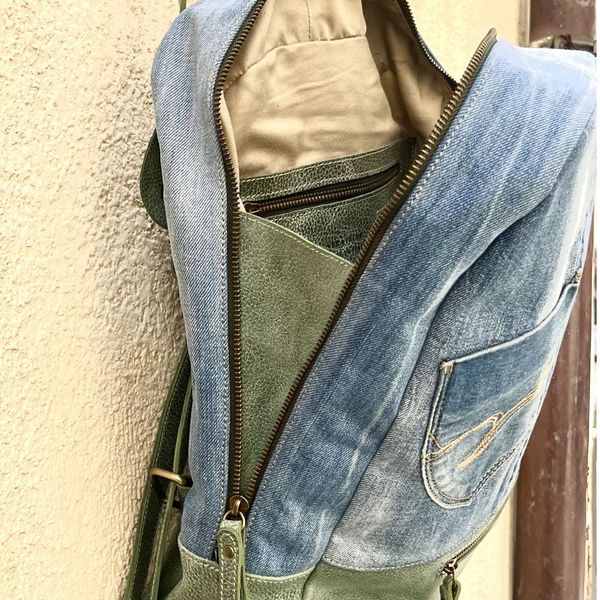 3. Zaino Comb pelle e jeans Verde chiaro BRASS Workshop z890
