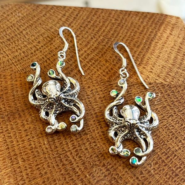 1. Octopus earrings mother of pearl paua silver grey BRASS Workshop 25or20